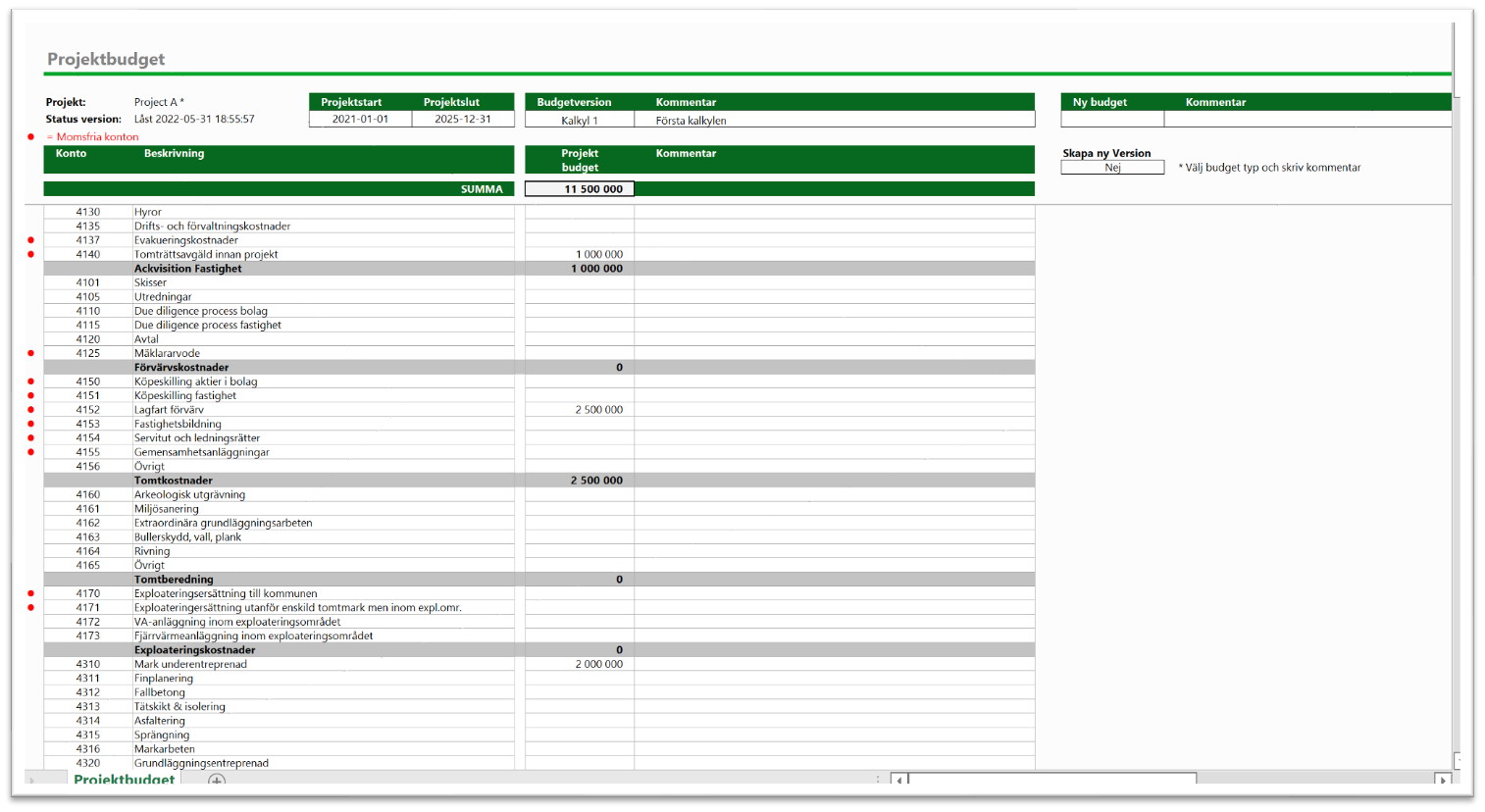 Projektbudget i Exopen med kontoplan och budgetposter
