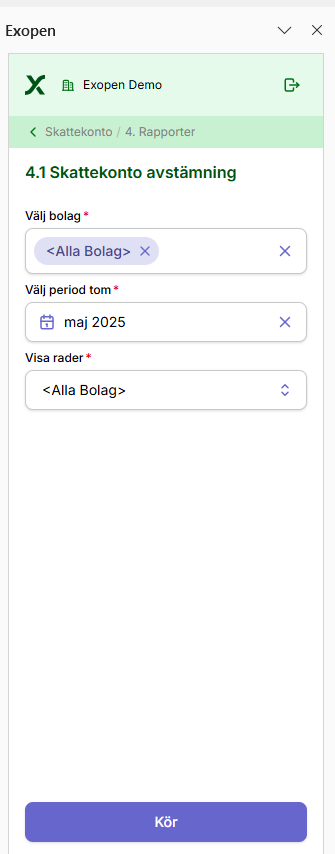 Skattekonto rapportval i Exopen